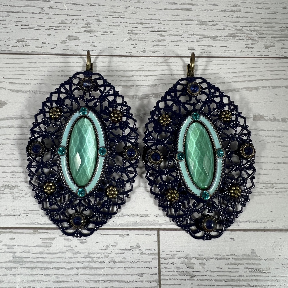 Art Deco Blue and Green Filigree Dangling Earrings Costume Jewelry Statement